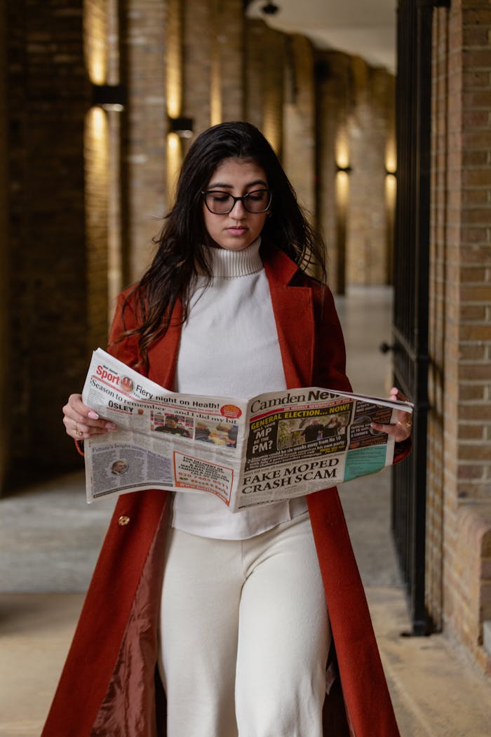 Woman in red coat reading newspaper in a London alleyway, blending style with urban culture.