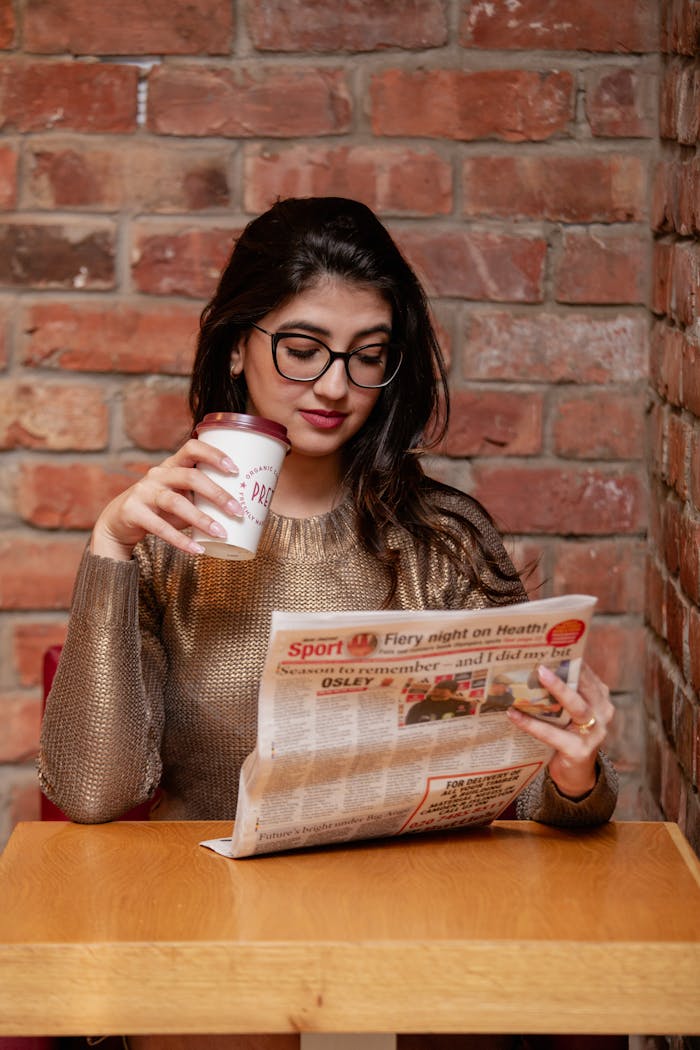 A young woman enjoying coffee and reading a newspaper in a cozy cafe in London, UK.